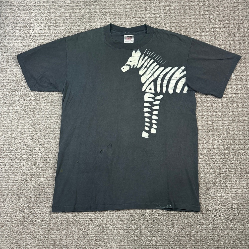 Vintage Oneita Power-T Zebra Wrap Graphic T-Shirt XL Black USA Distressed